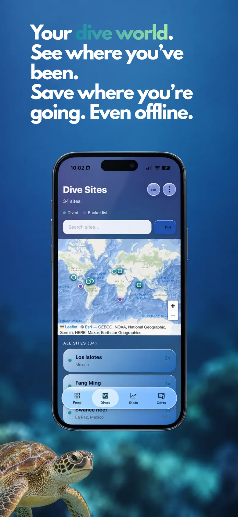 Atlas de puntos de buceo con mapa mundial, spots buceados y bucket list