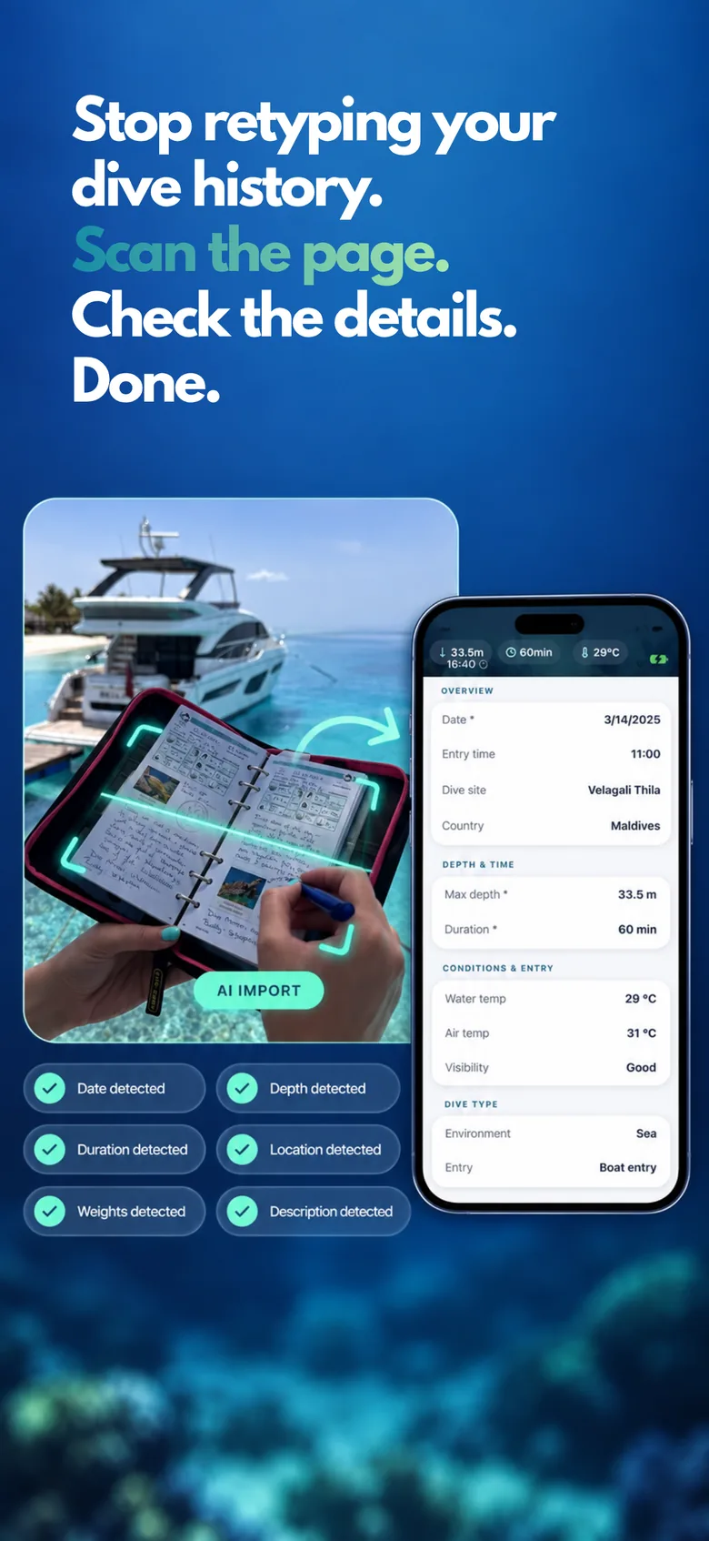 Importación con IA que convierte un logbook de papel fotografiado en una inmersión estructurada