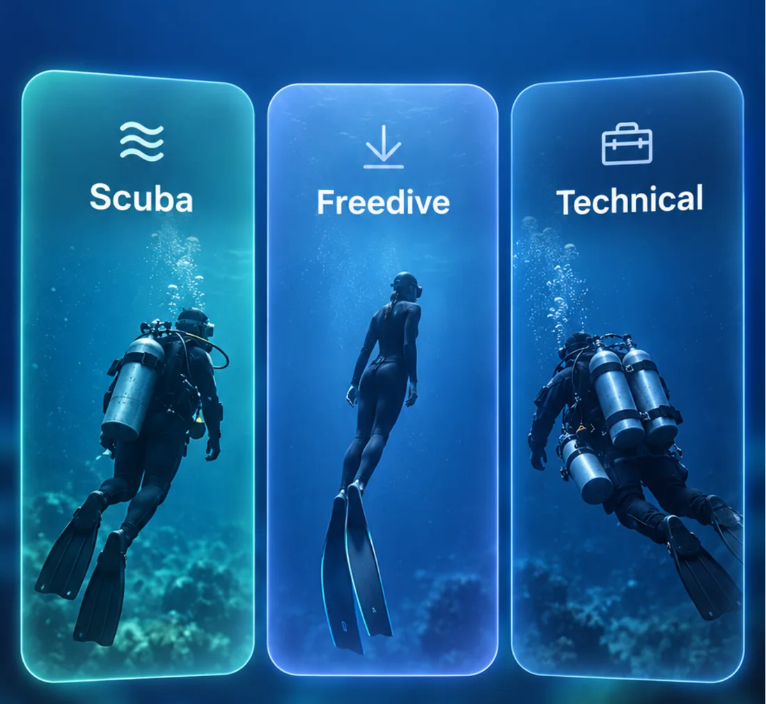 Modos para buceo con botella, apnea y buceo técnico